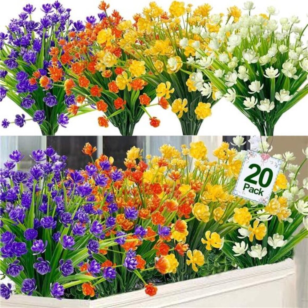 Artificial Flowers 20 Bundles Outdoor UV Resistant Plants Porch Garden Decor